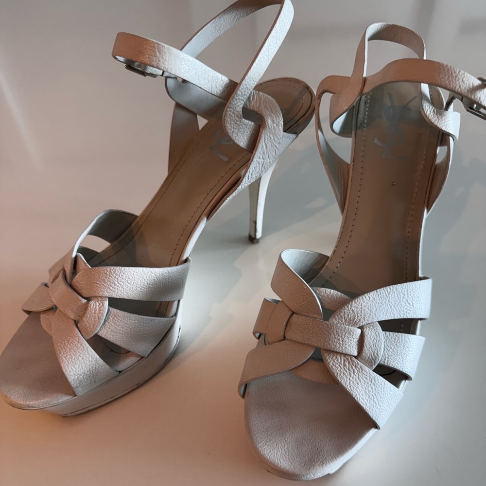 Yves Saint Laurent white Leather Tribute‎ Ankle Strap Platform Sandals Size 10.5